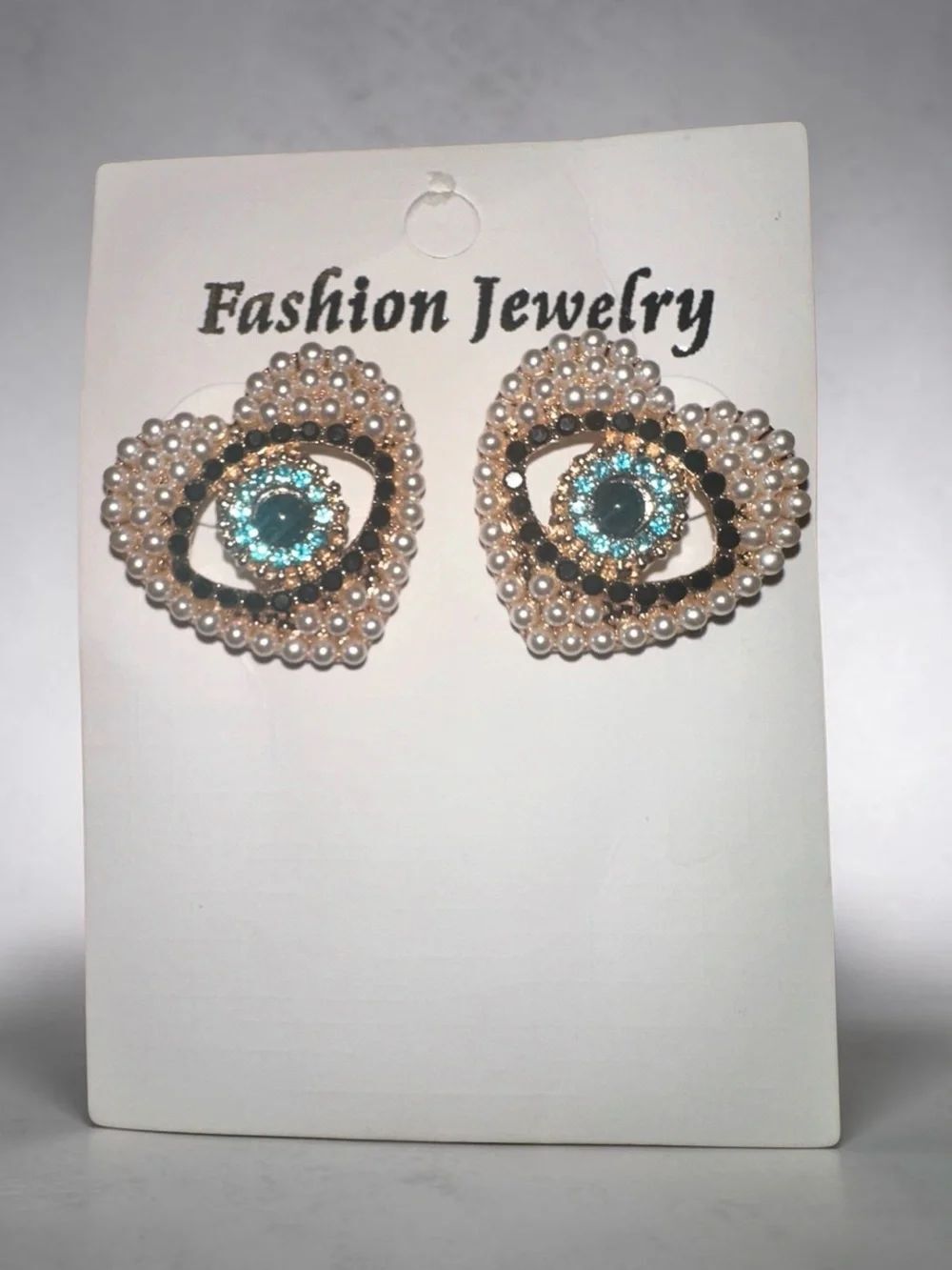 Fashion Pearl Heart Earrings with Aqua Crystal evil eye Accent